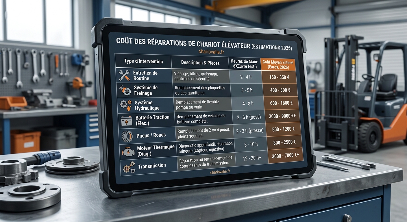 Tableau des coûts de réparation par type de panne sur chariot élévateur