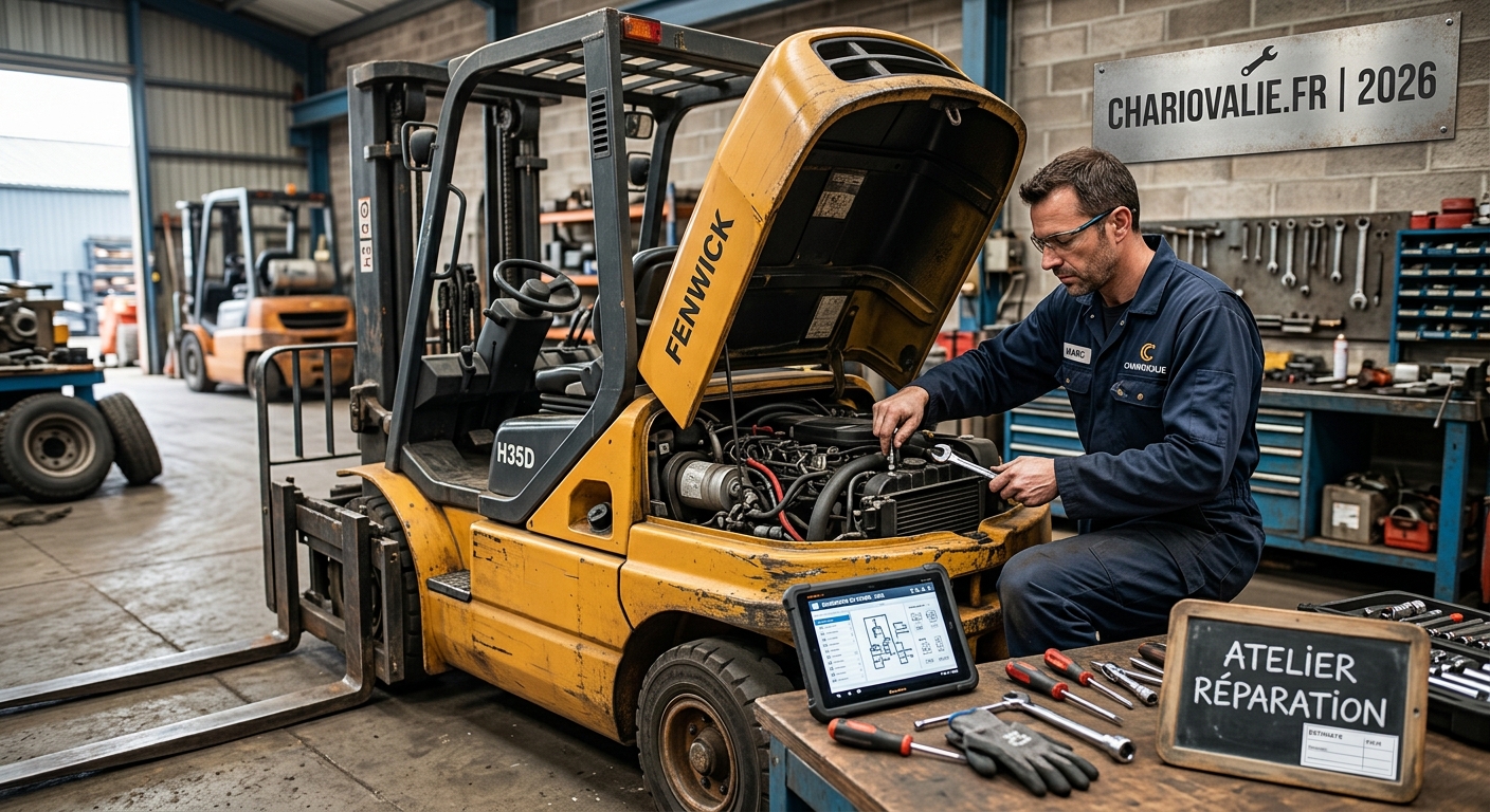 Technicien effectuant la réparation d'un chariot élévateur industriel