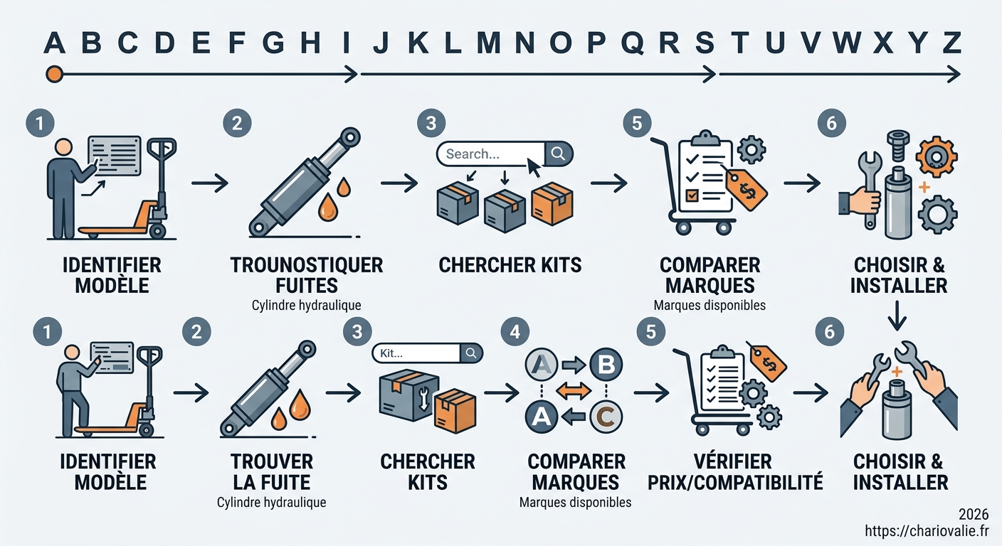 Schéma processus identification modèle et sélection kit de joints transpalette manuel