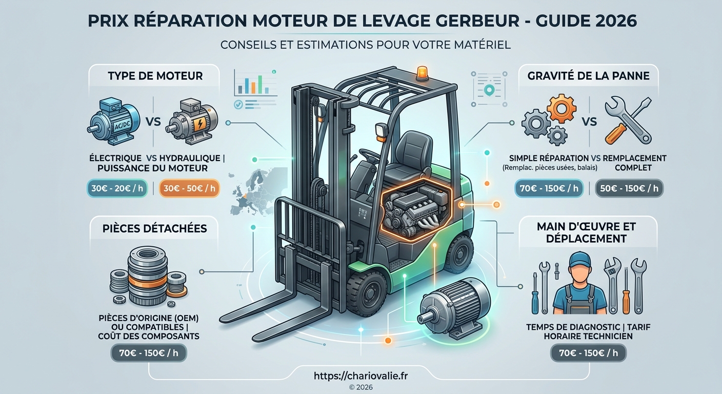Infographie des 5 étapes de diagnostic au devis pour réparation moteur de levage