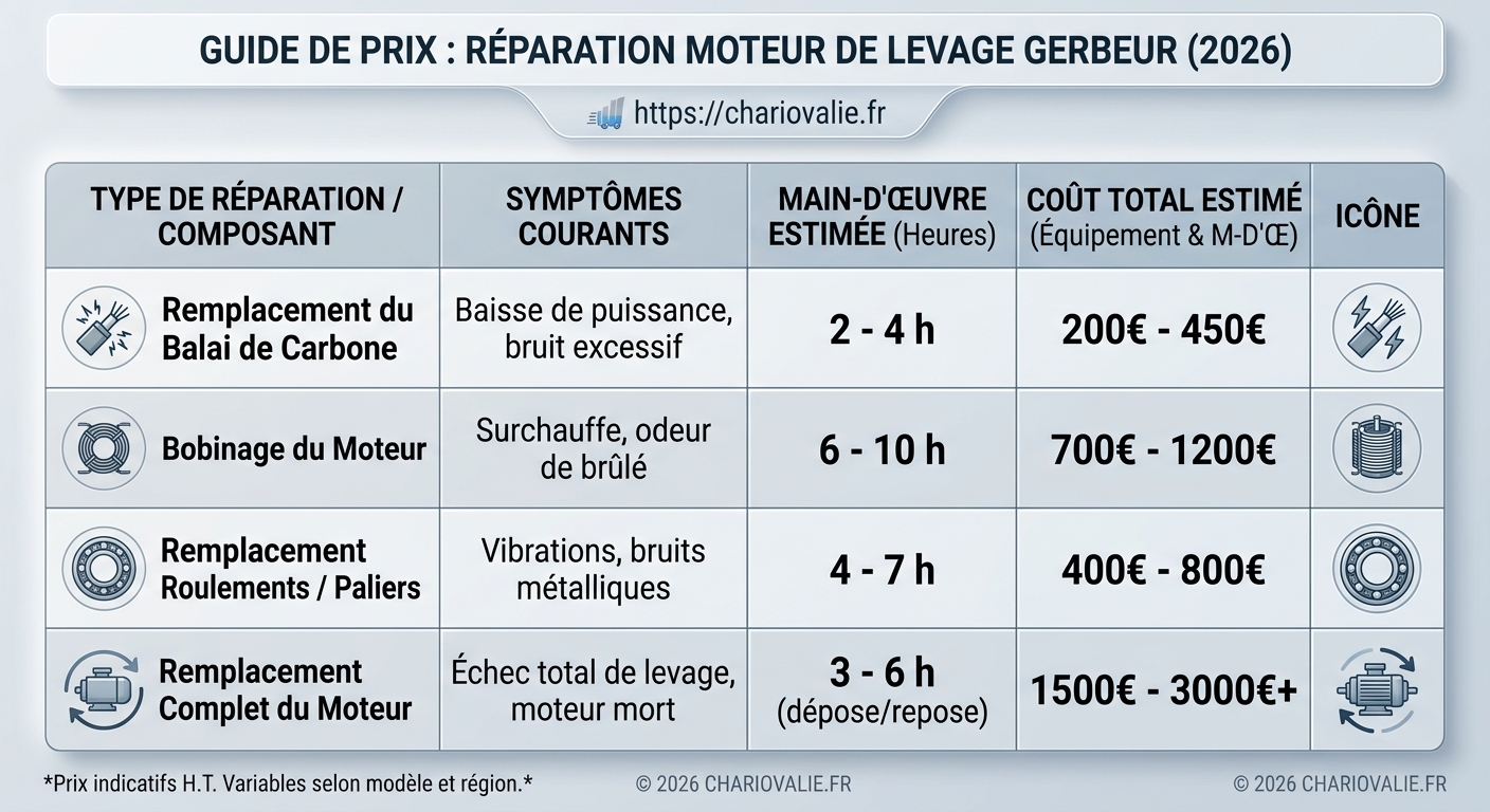 Grille d'estimation des coûts de réparation par type de panne moteur de levage