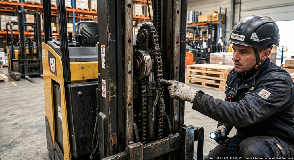 Problème chaîne ou galet mât gerbeur : guide d'inspection 4 Examen technique d'une chaîne et d'un galet de mât sur un gerbeur électrique