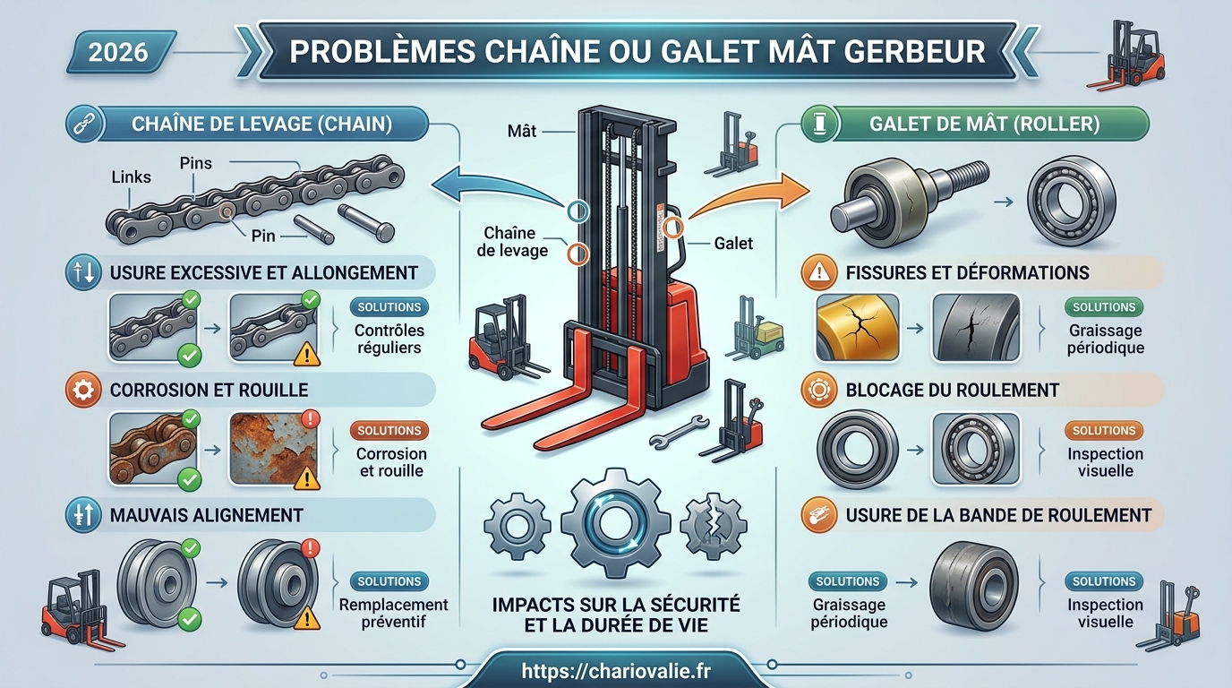 Infographie des 5 étapes de vérification des chaînes et galets de mât de gerbeur