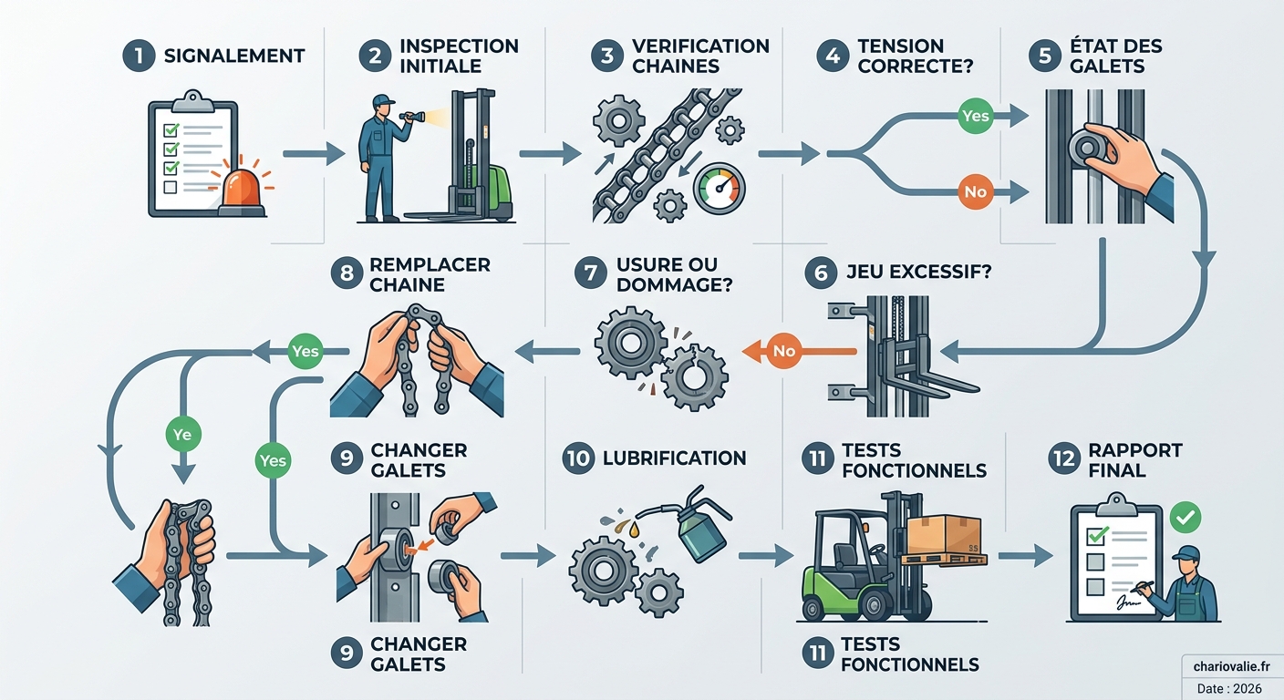 Schéma de processus de diagnostic et maintenance du mât d'un gerbeur
