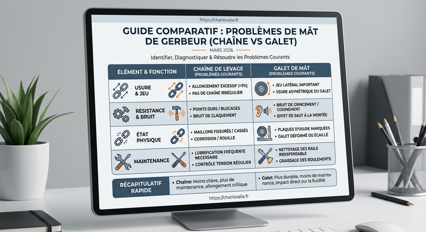 Tableau des symptômes, causes et actions pour problème chaîne ou galet mât gerbeur