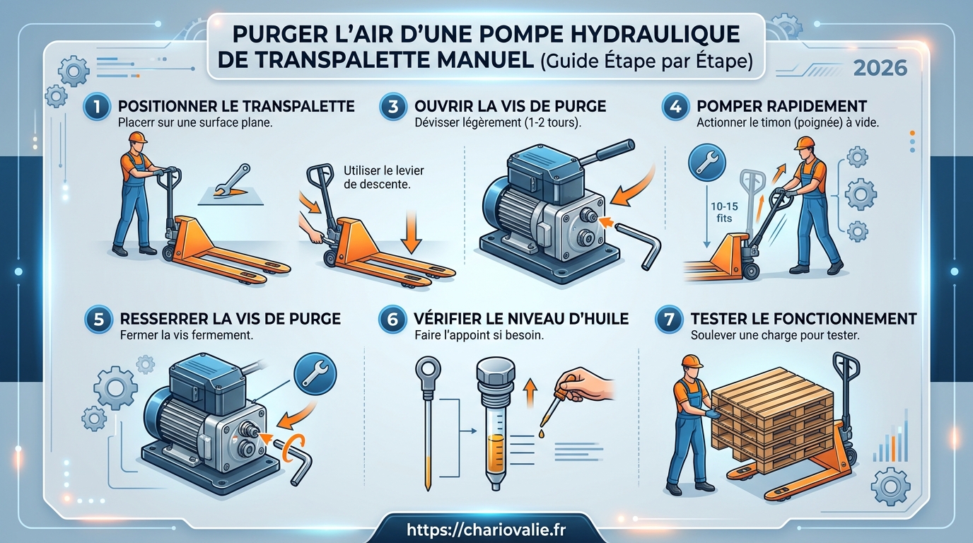 Purger air pompe hydraulique transpalette : guide pas à pas 3 Schéma des 5 étapes pour purger l'air d'une pompe hydraulique de transpalette manuel