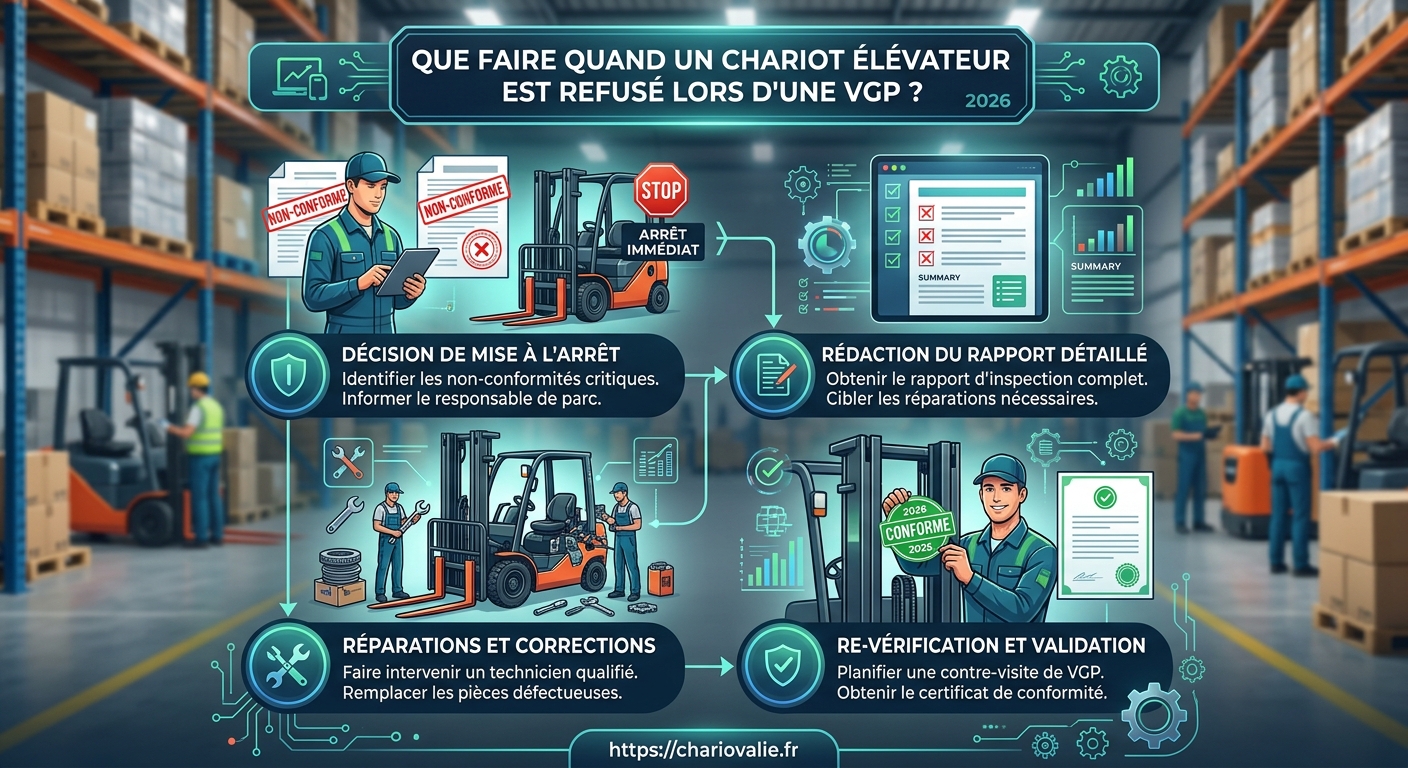 Infographie des 4 étapes après un chariot élévateur refusé lors d'une vérification périodique