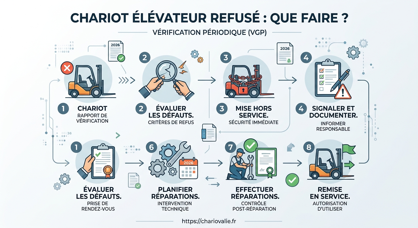 Schéma de processus de contre-visite d'un chariot élévateur refusé en vérification périodique