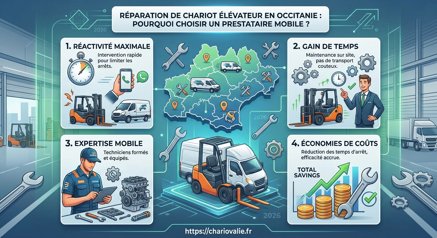 Schéma processus 5 étapes intervention prestataire mobile réparation chariot élévateur Occitanie