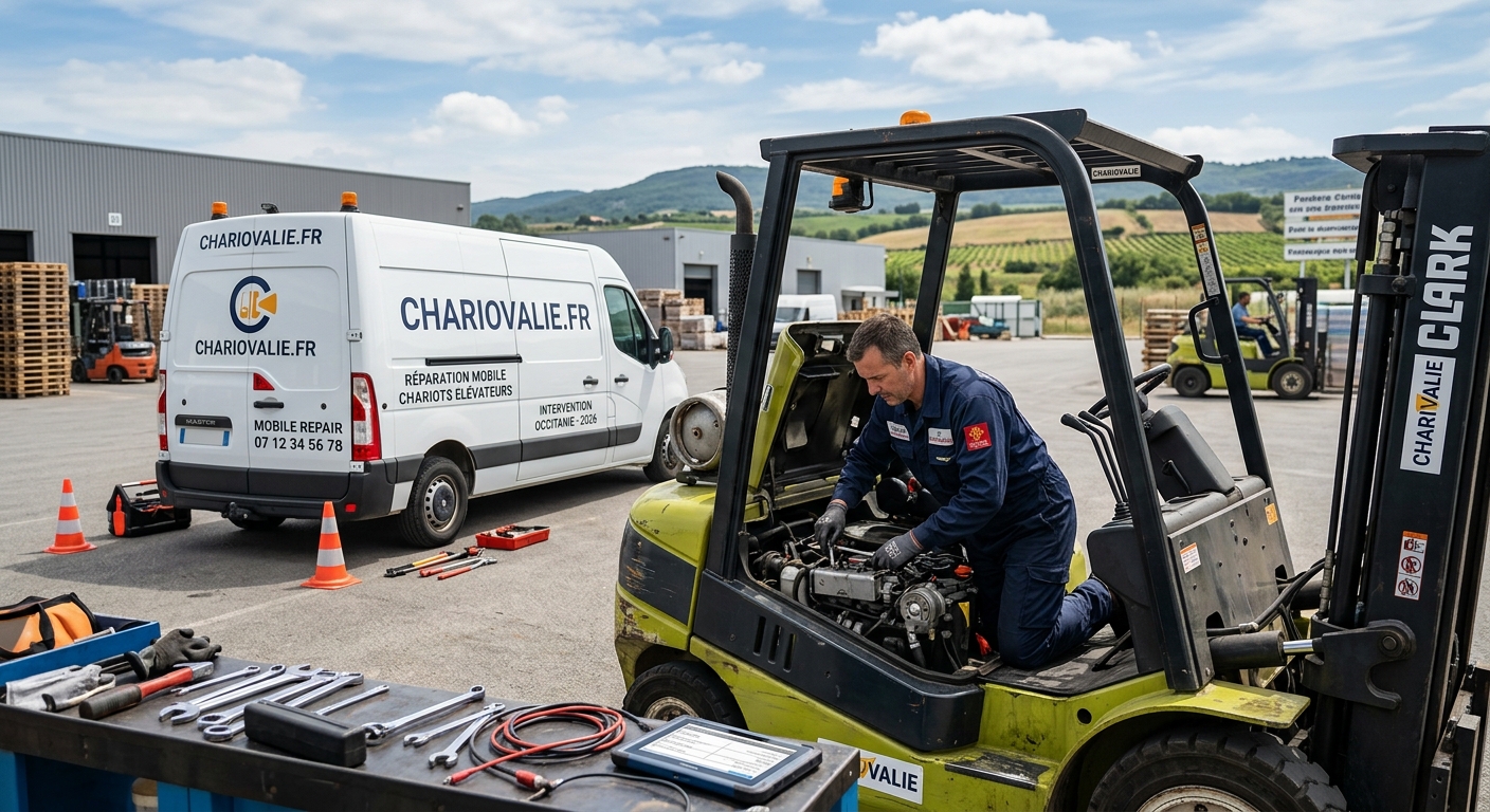 Technicien réparation mobile chariot élévateur en atelier en Occitanie