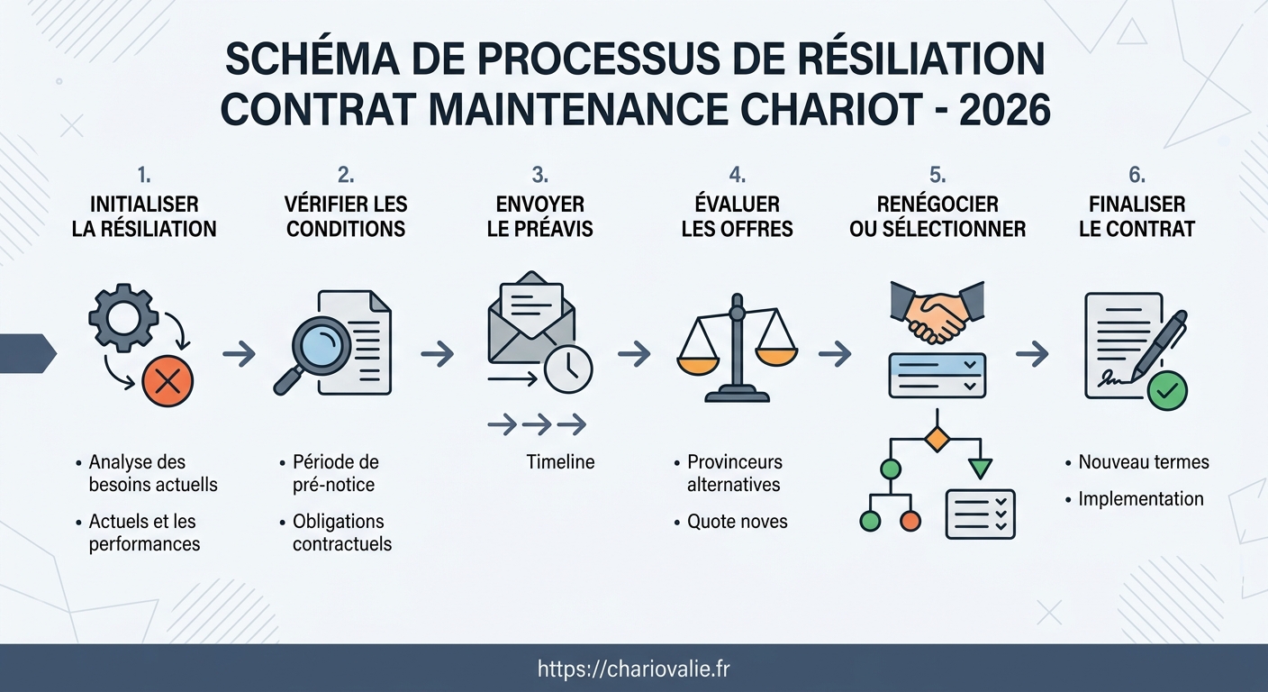 Schéma processus résiliation contrat maintenance chariot élévateur en 5 phases
