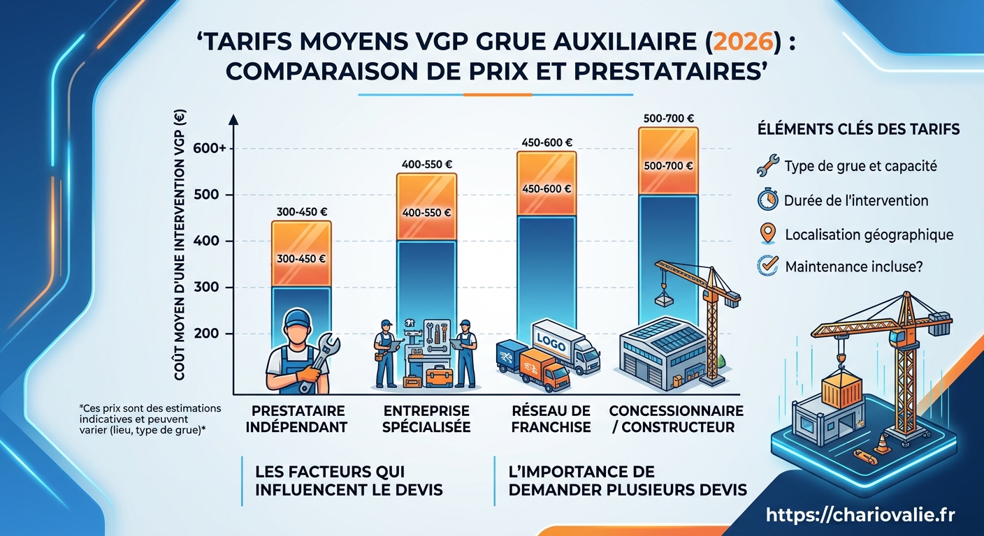 Tarif VGP grue auxiliaire : Prix & Devis prestataire 3 Graphique comparaison fourchettes de prix VGP grue auxiliaire en France