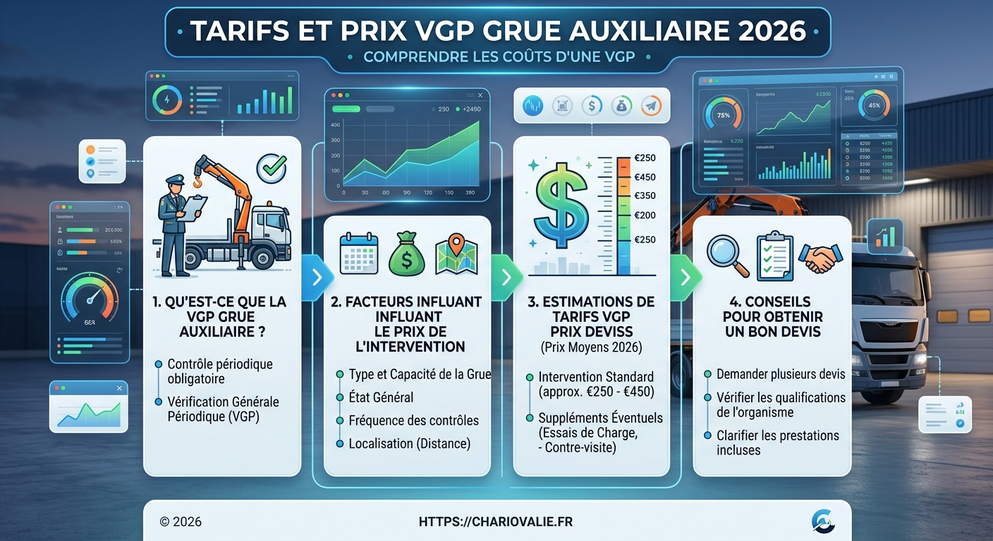 Tarif VGP grue auxiliaire : Prix & Devis prestataire 4 Infographie tarif VGP grue auxiliaire 2026 critères tarification devis