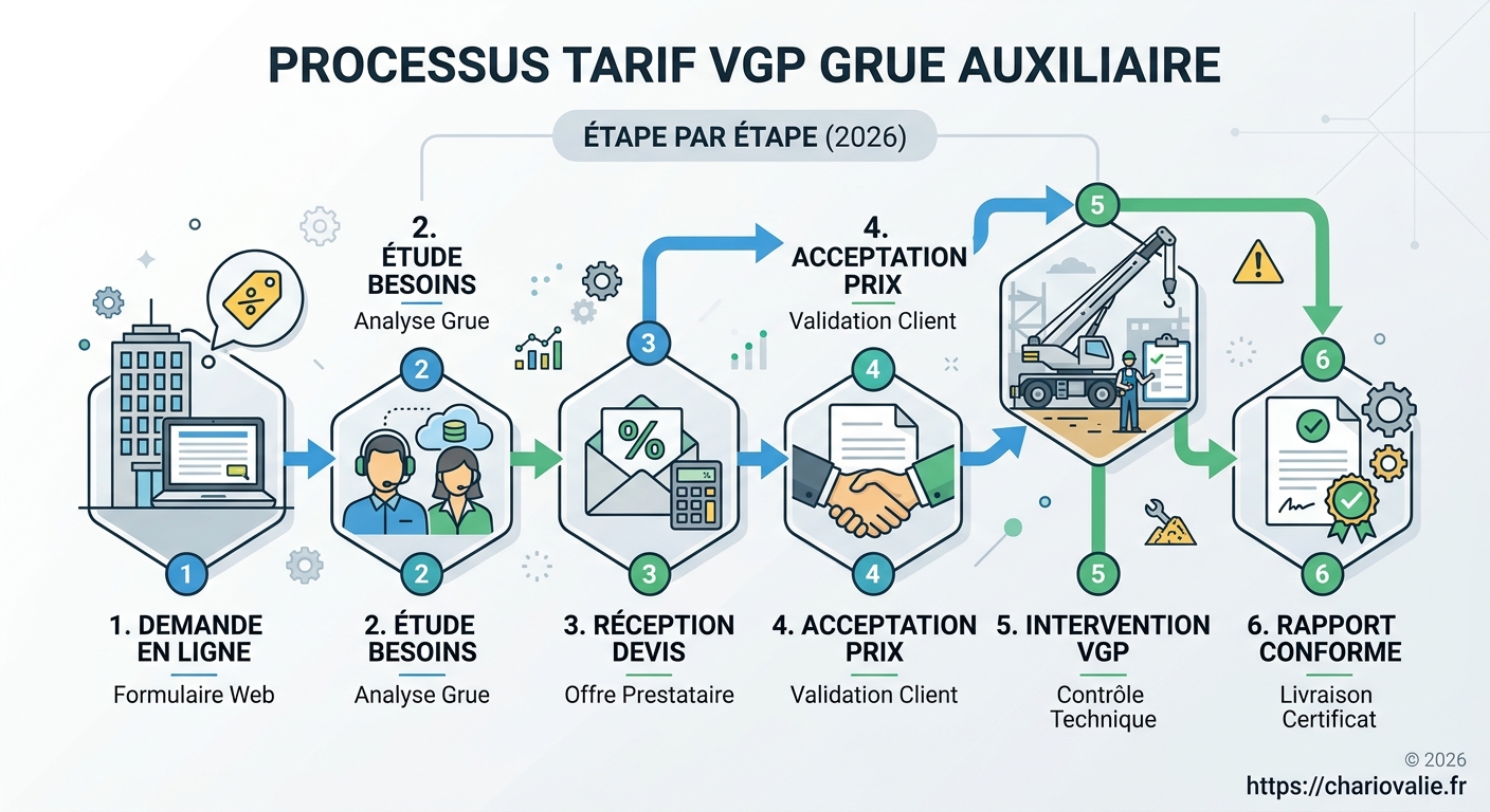 Tarif VGP grue auxiliaire : Prix & Devis prestataire 6 Processus complet VGP grue auxiliaire et remise du rapport de conformité