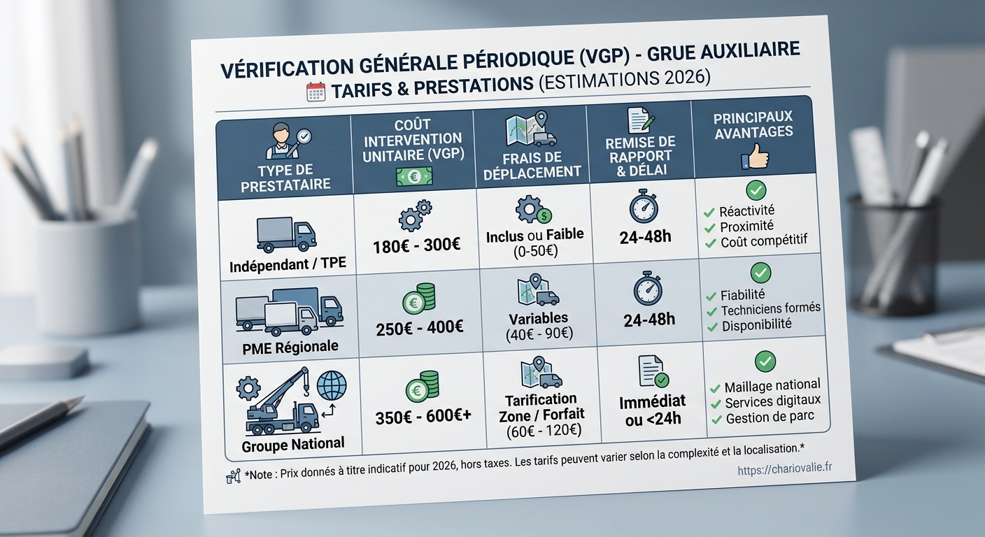 Tarif VGP grue auxiliaire : Prix & Devis prestataire 5 Tableau comparatif des tarifs VGP grue auxiliaire par capacité de levage