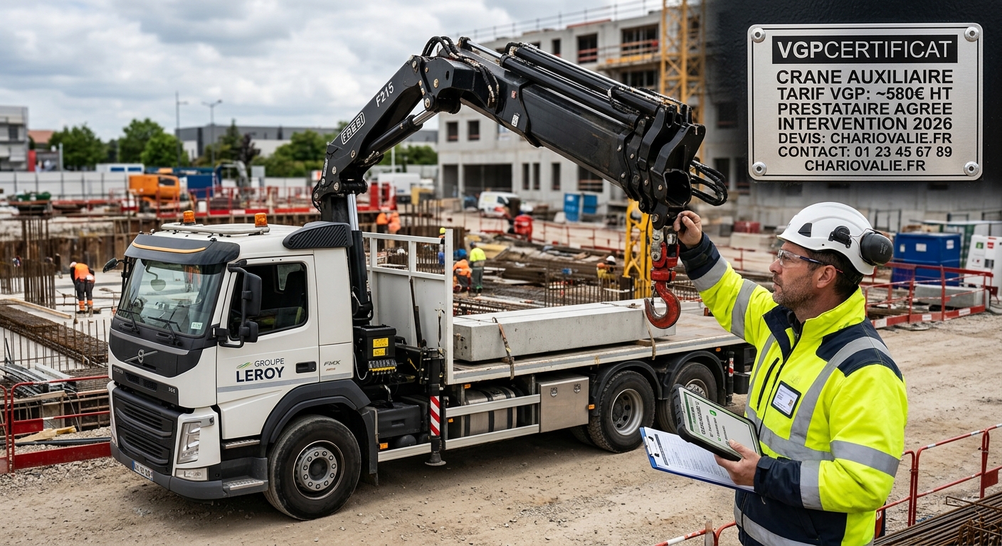 Tarif VGP grue auxiliaire : Prix & Devis prestataire 2 Technicien contrôle réglementaire VGP sur une grue auxiliaire