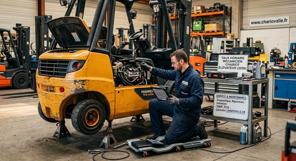 Taux horaire mécanicien chariot élévateur : tarifs & conseils 2 Mécanicien professionnel effectuant la maintenance technique d'un chariot élévateur en atelier