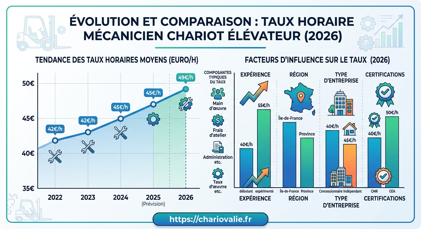 Taux horaire mécanicien chariot élévateur : tarifs & conseils 5 Graphique évolution taux horaire mécanicien chariot élévateur atelier et site