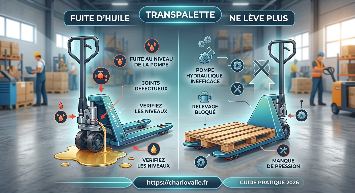 Schéma de diagnostic pour transpalette manuel défectueux qui fuit ou ne lève plus