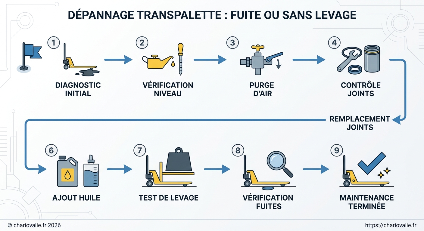 Schéma de processus en 5 étapes pour réparer un transpalette qui fuit ou ne lève plus