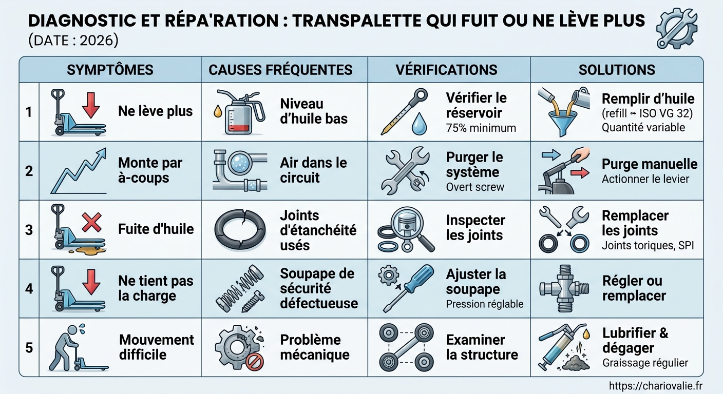 Tableau de diagnostic des pannes d'un transpalette qui fuit ou ne lève plus