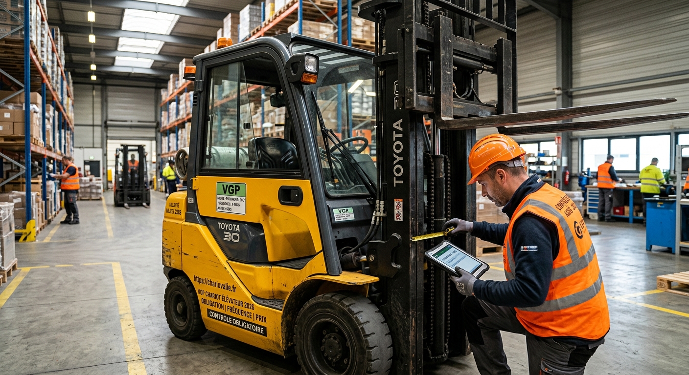 VGP Chariot Élévateur : Obligation, Fréquence et Prix 2026 2 Technicien réalisant la VGP chariot élévateur en entrepôt industriel