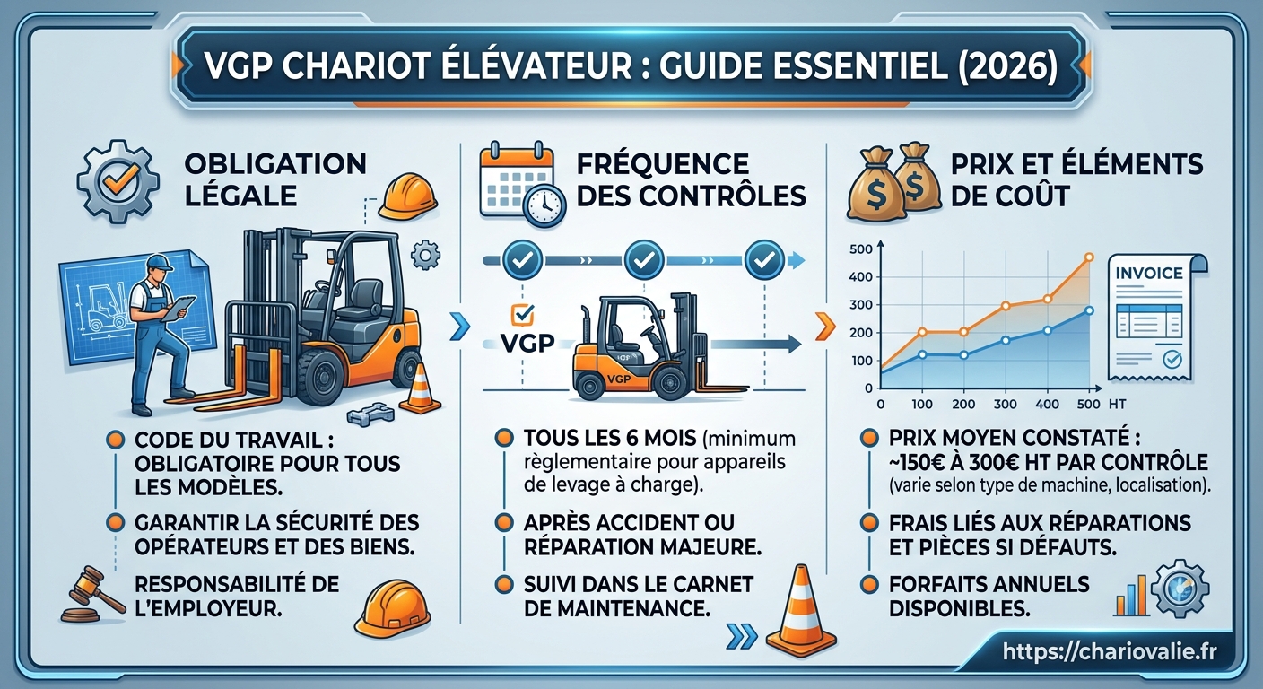VGP Chariot Élévateur : Obligation, Fréquence et Prix 2026 3 Infographie obligations VGP chariot élévateur 2026 : fréquence et conformité