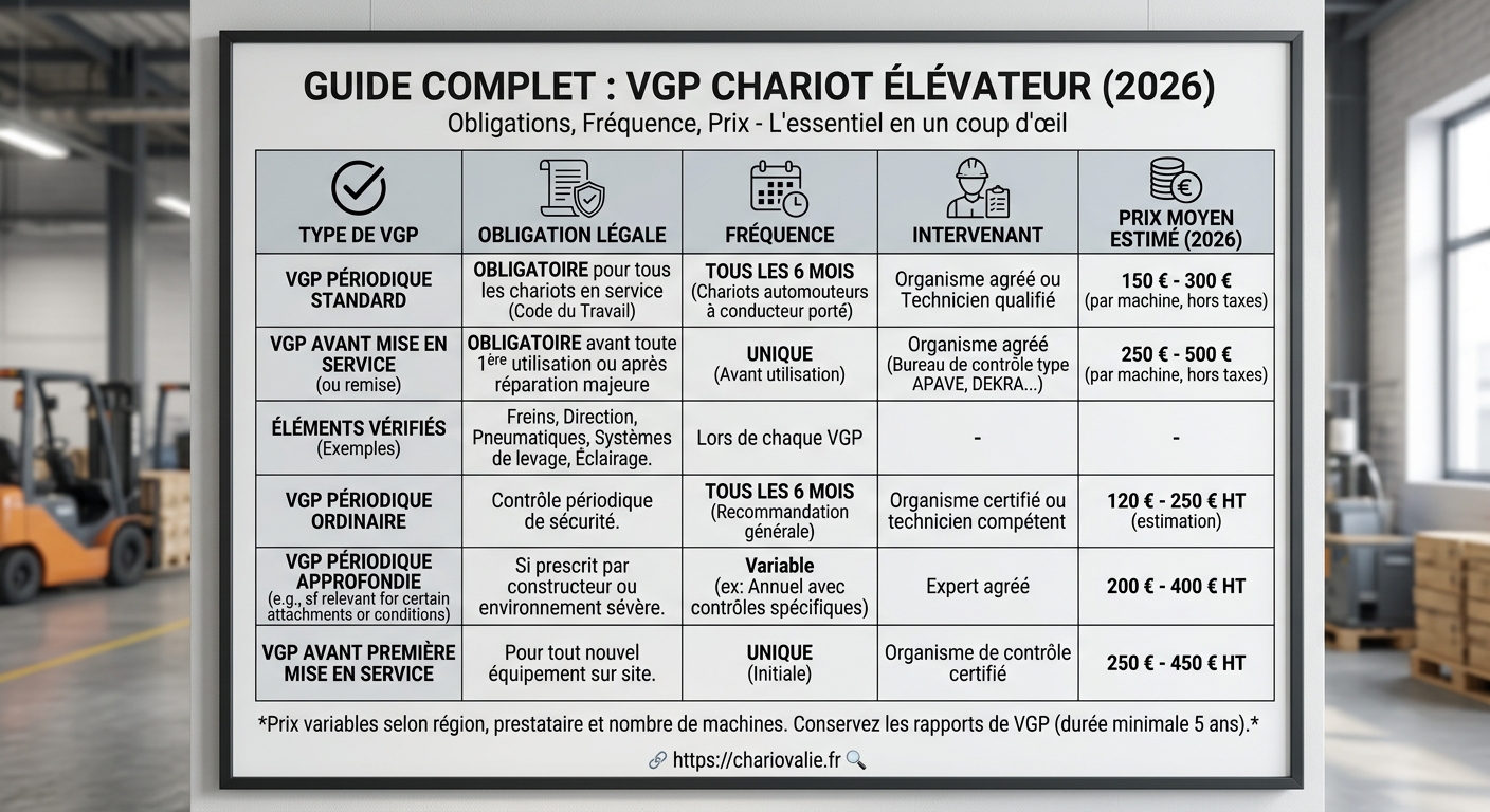 VGP Chariot Élévateur : Obligation, Fréquence et Prix 2026 5 Tableau synthèse obligations fréquences et prix VGP chariot élévateur 2026