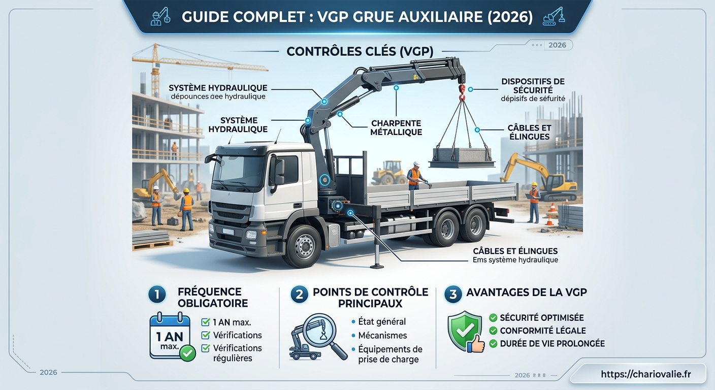VGP Grue Auxiliaire de Chargement : Loi et Épreuves 3 Schéma des 5 étapes de la VGP pour grue auxiliaire de chargement 2026