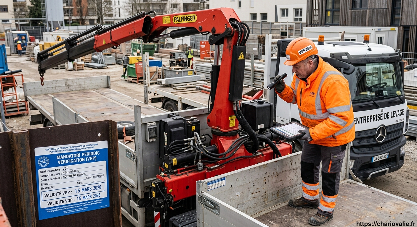 VGP Grue Auxiliaire de Chargement : Loi et Épreuves 2 Contrôle technique VGP sur une grue auxiliaire de chargement sur camion