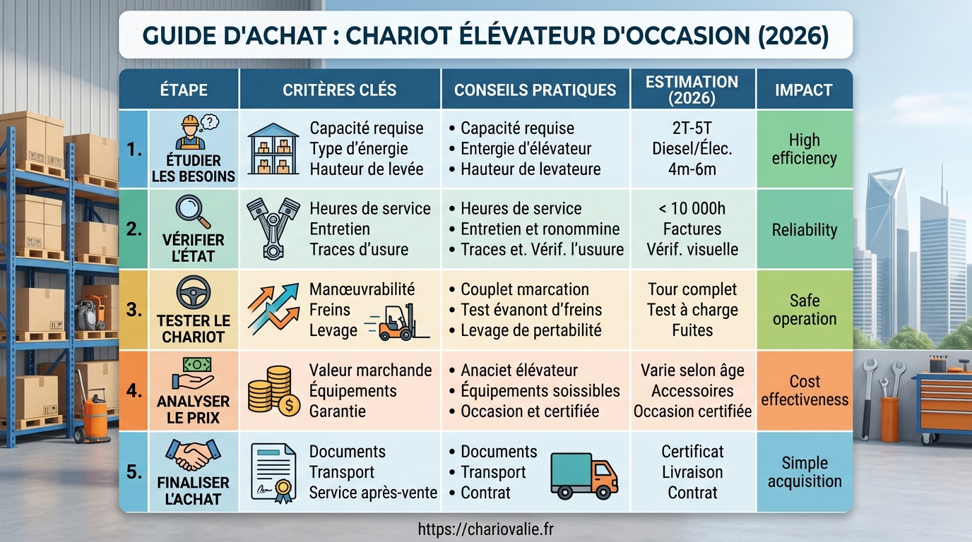 Comparatif des critères d'achat pour chariots élévateurs d'occasion en 2026