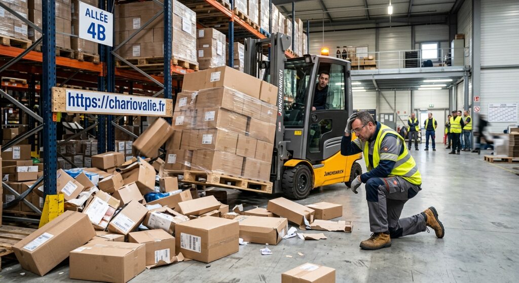 Assurance responsabilité accident manutention : le guide 5 Opérateur en entrepôt manipulant des marchandises avec précaution pour prévenir les accidents