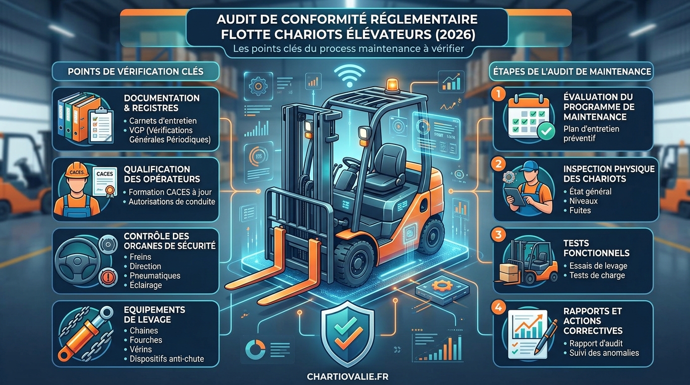 Audit conformité chariots élévateurs : process à vérifier 4 Schéma du processus d'audit de conformité réglementaire maintenance chariots élévateurs