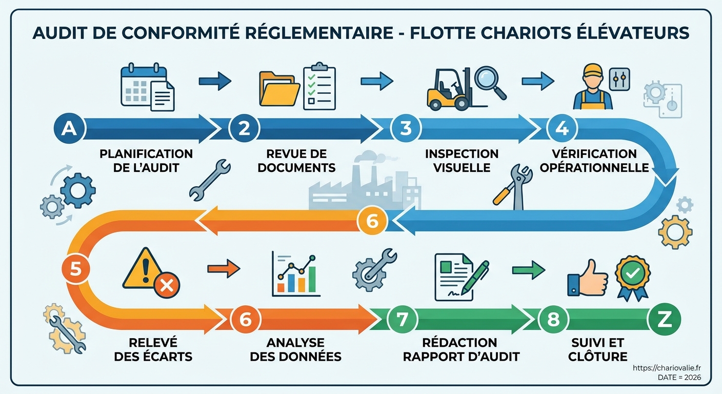 Audit conformité chariots élévateurs : process à vérifier 5 Étapes du contrôle de conformité réglementaire des chariots élévateurs