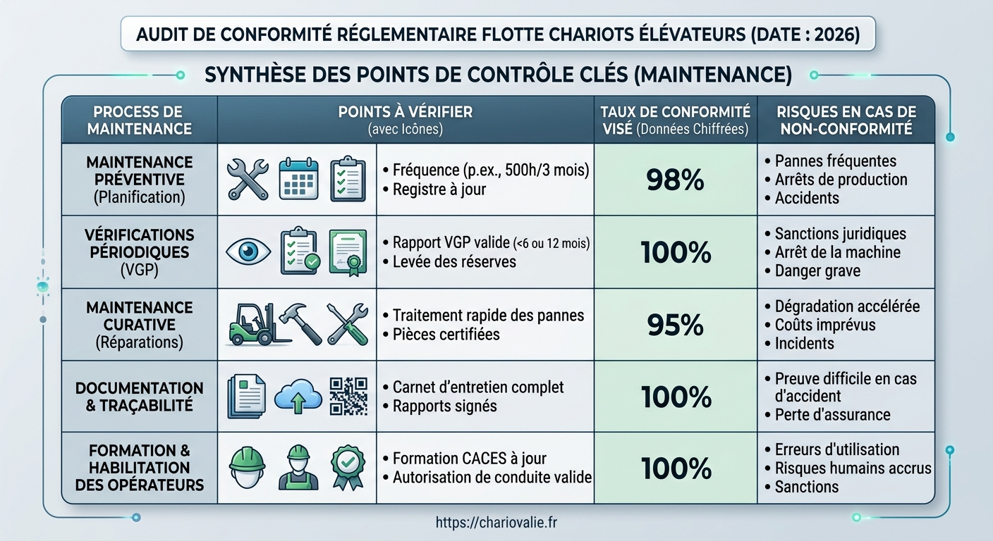 Audit conformité chariots élévateurs : process à vérifier 3 Matrice de conformité réglementaire chariots élévateurs à auditer