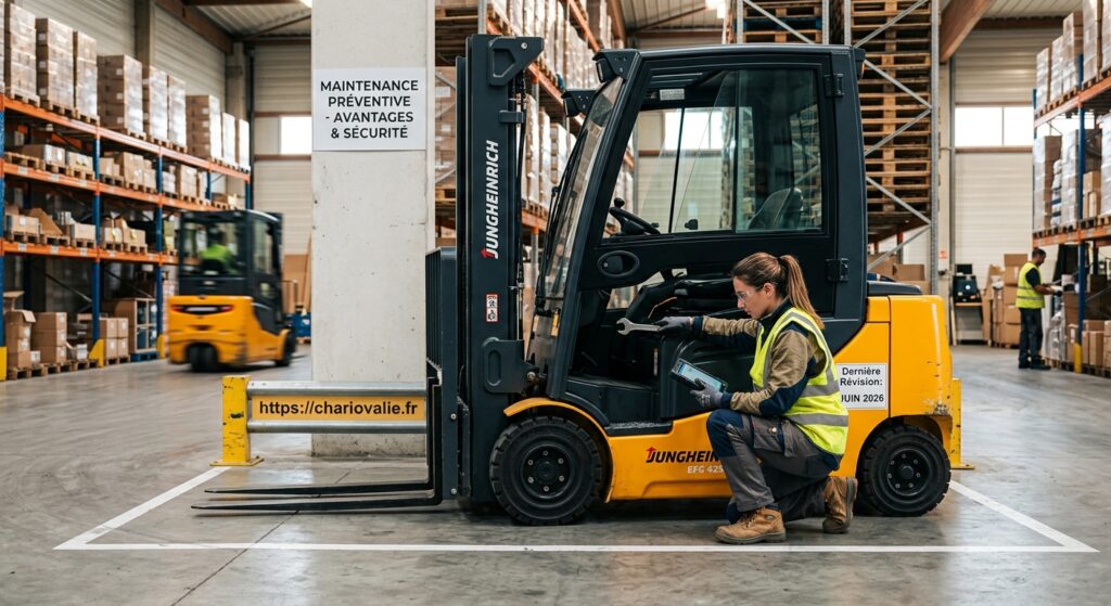 Technicien effectuant la maintenance préventive sur un chariot élévateur dans un entrepôt logistique