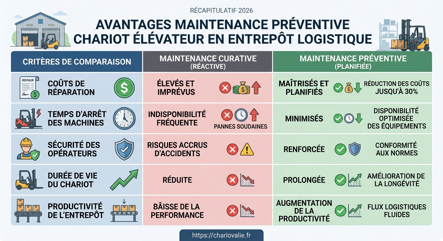 Tableau comparatif des avantages maintenance préventive et corrective chariot