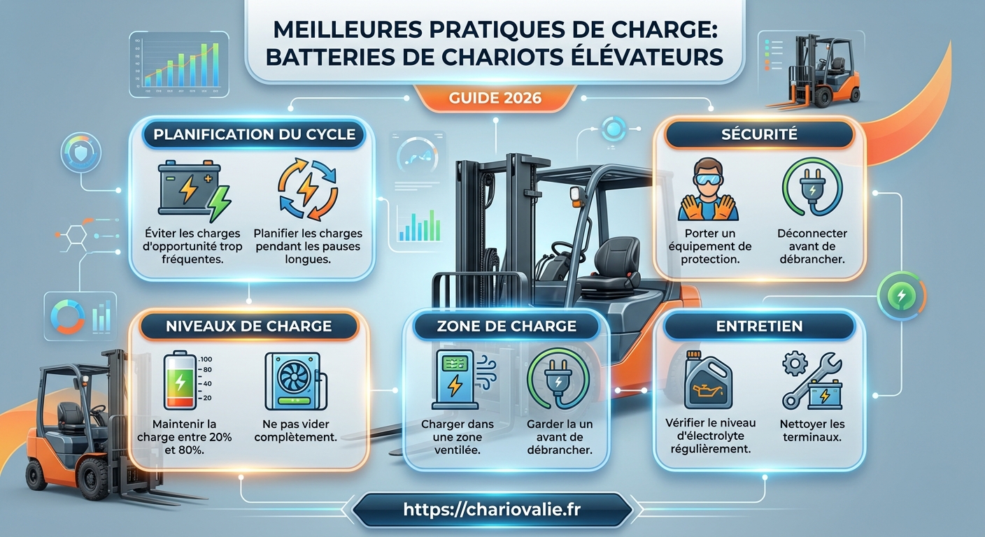 Infographie 6 étapes charge sécurisée batterie de chariot élévateur