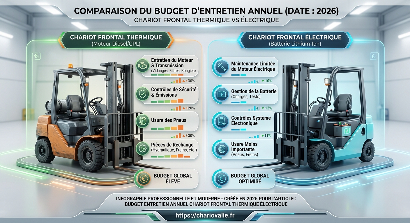 Budget entretien chariot frontal : thermique vs électrique 3 Infographie comparatif 2026 budget entretien chariot frontal thermique et électrique