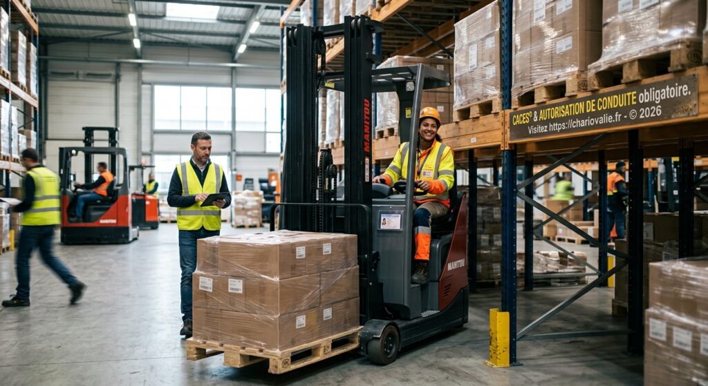 Opérateur manipulant un engin de manutention avec son CACES et son autorisation de conduite