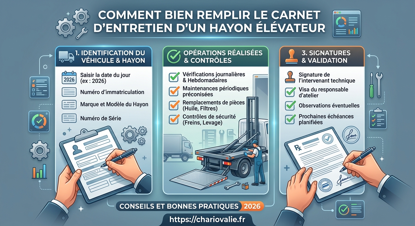 Infographie des 6 étapes de remplissage du carnet d'entretien pour hayon élévateur