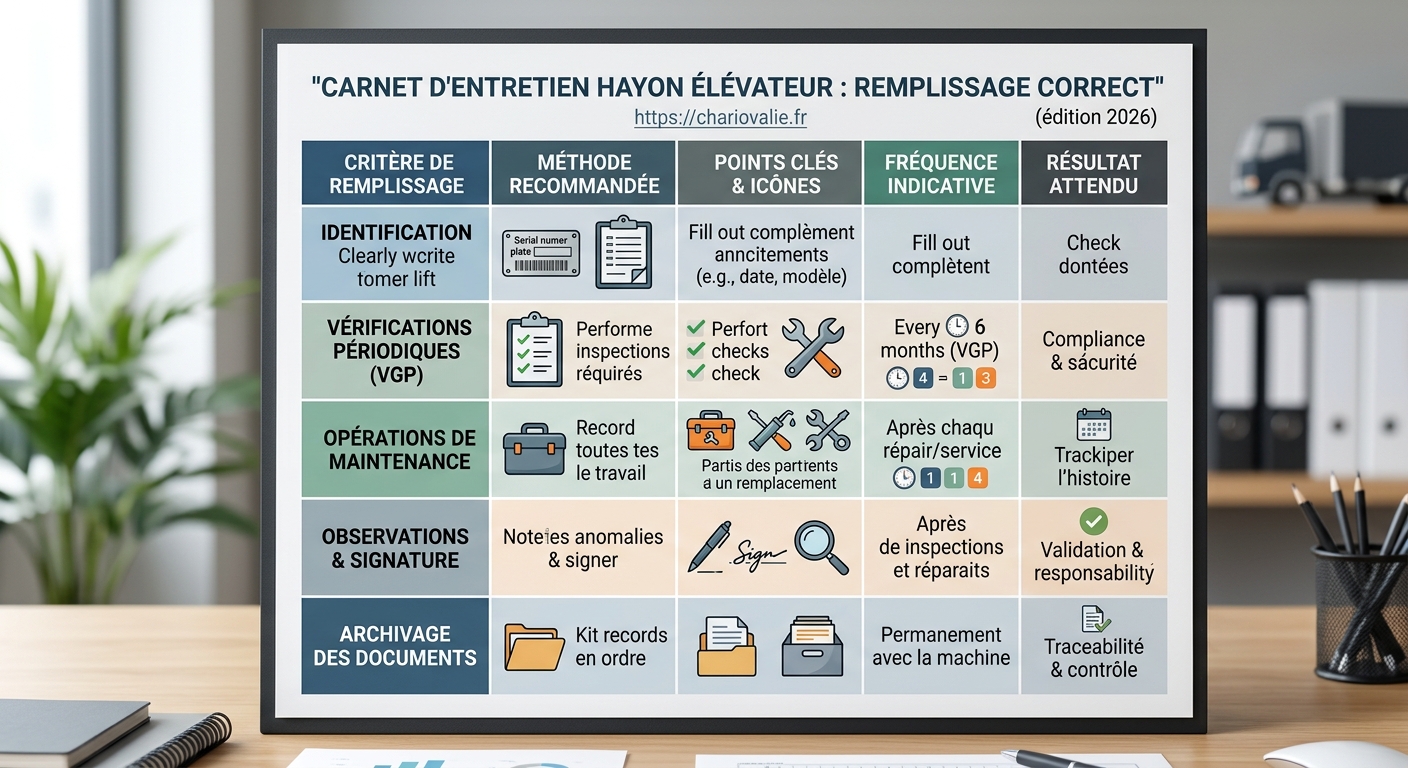 Tableau guide de remplissage du carnet d'entretien pour hayon élévateur