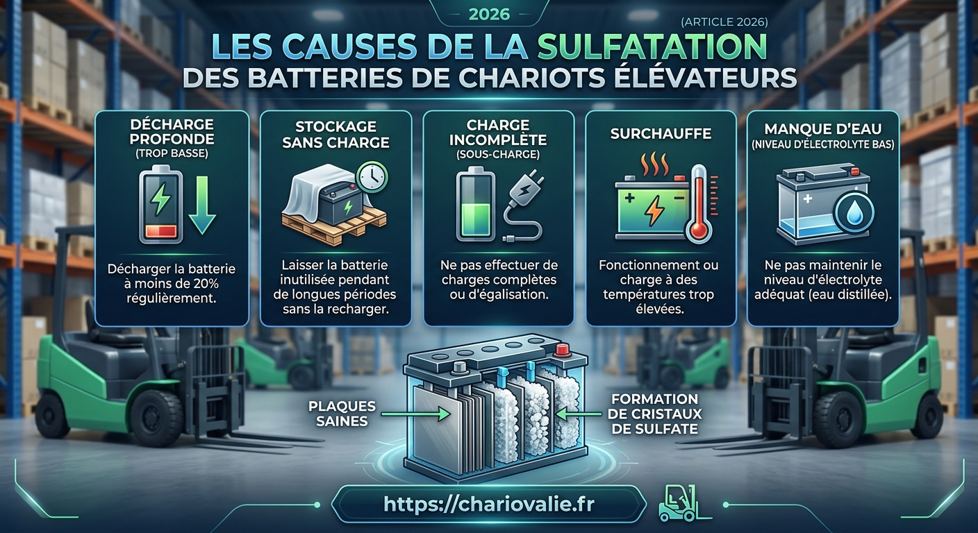 Causes de la sulfatation d'une batterie de chariot 3 Schéma des 4 causes de la sulfatation d'une batterie de chariot élévateur