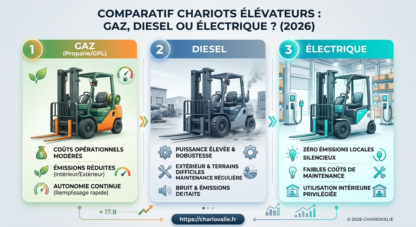 Infographie comparant l'autonomie et le coût des chariots élévateurs gaz, diesel et électriques en 2026
