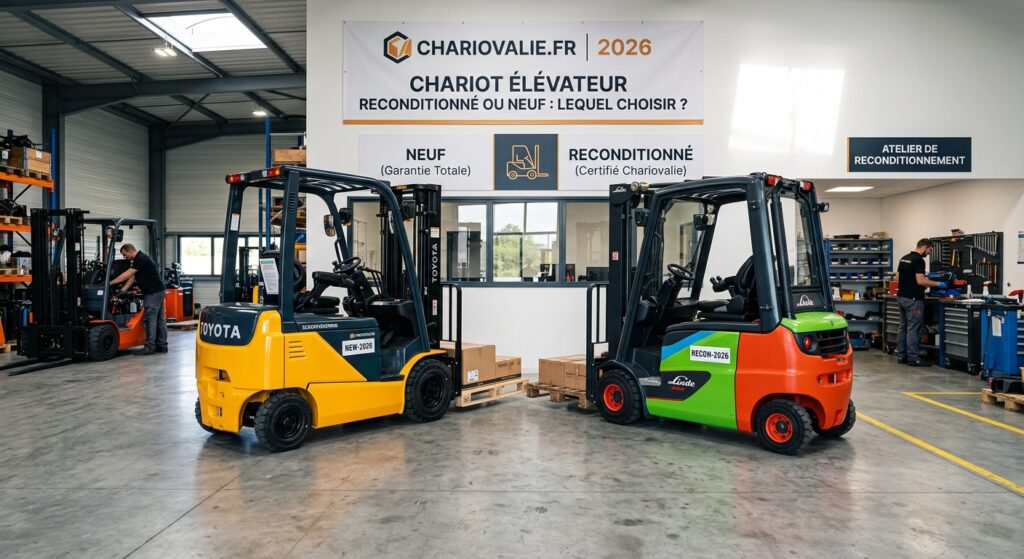 Comparaison entre un chariot élévateur neuf et un modèle reconditionné en entrepôt