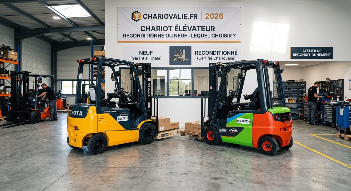 Comparaison entre un chariot élévateur neuf et un modèle reconditionné en entrepôt