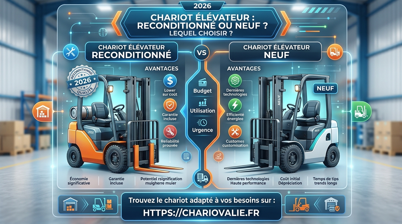 Tableau comparatif chariot élévateur neuf vs reconditionné selon coût, garantie et usage