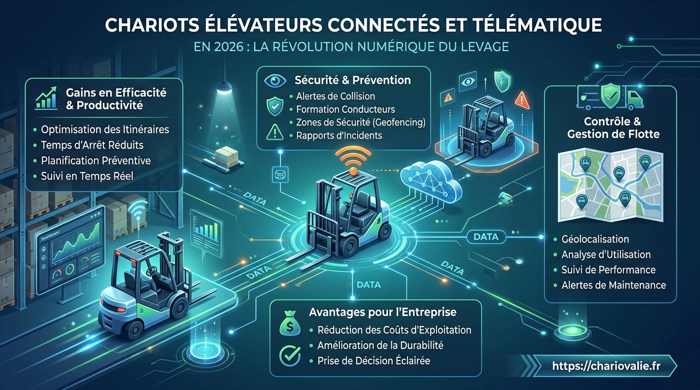 Infographie fonctionnement chariots élévateurs connectés et télématique 2026
