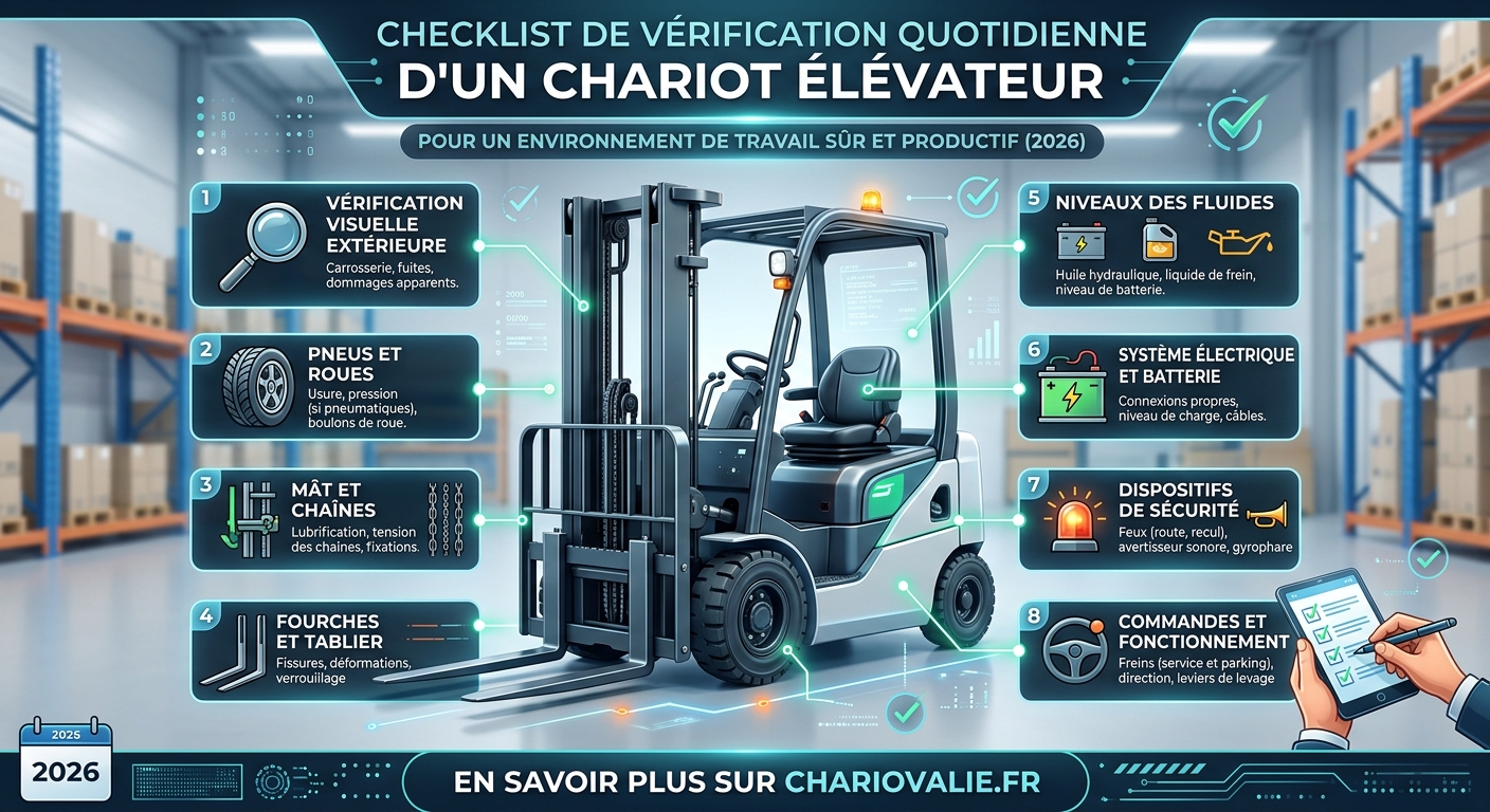 Infographie checklist vérification quotidienne chariot élévateur étape par étape