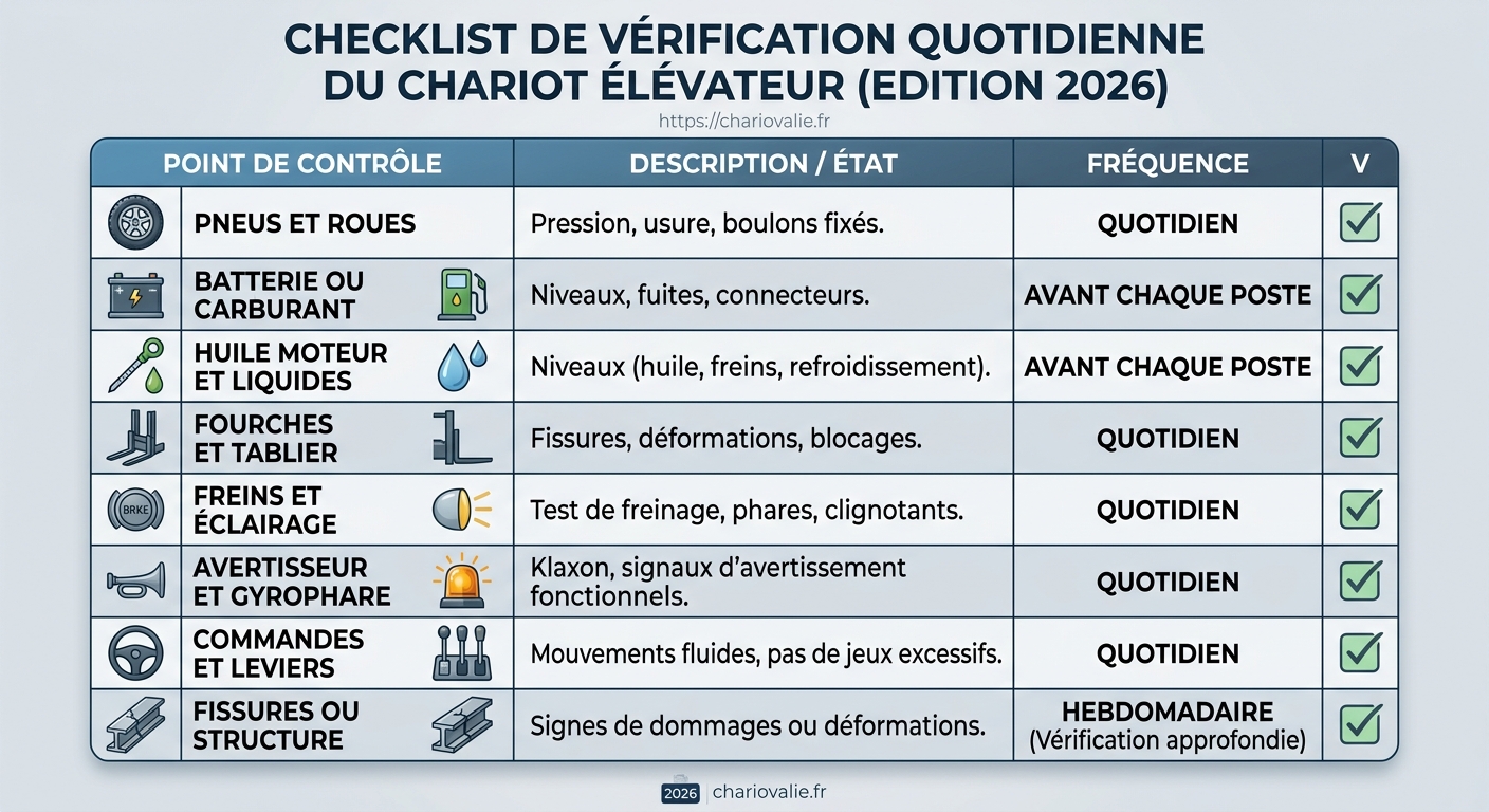 Tableau checklist de vérification quotidienne d'un chariot élévateur par zone